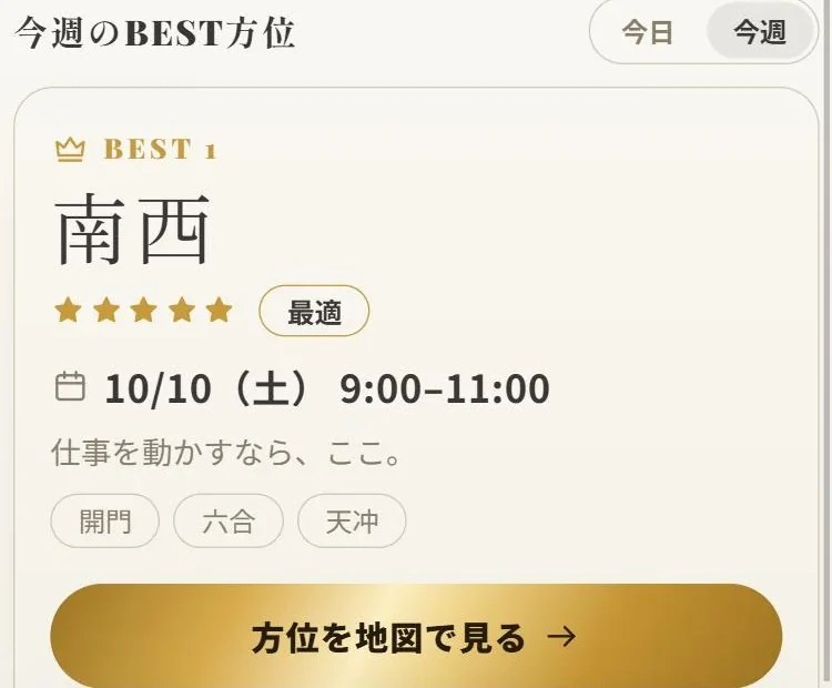 今週のBEST方位の画面。1位として南西、10月10日の9時から11時が出ている